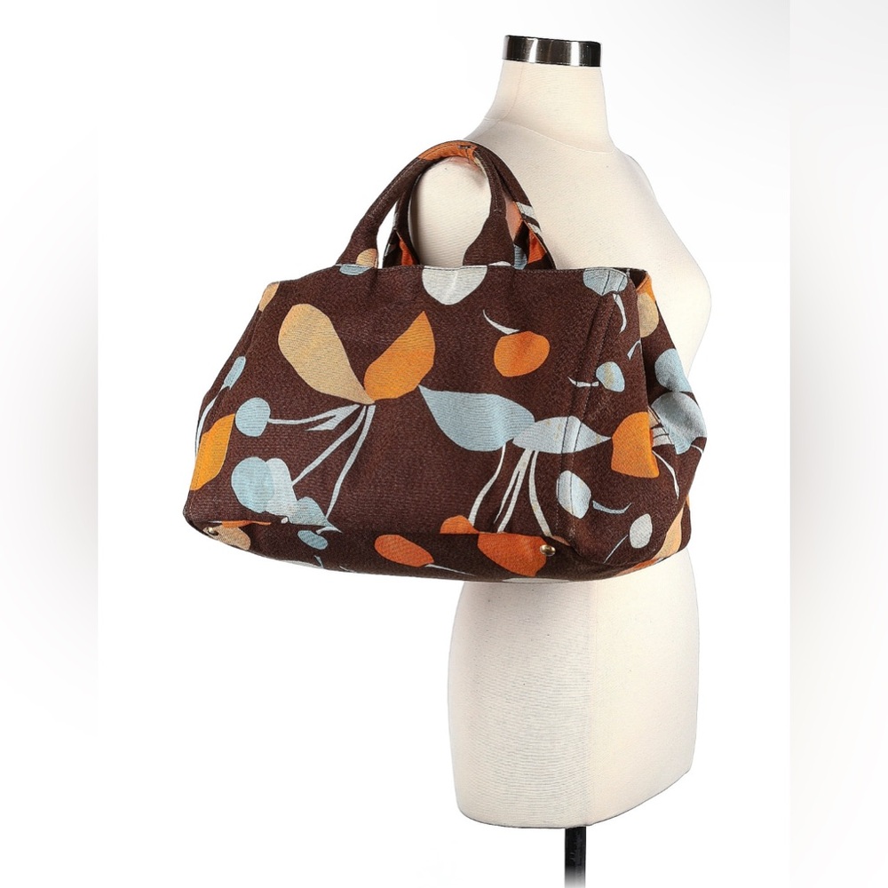 Prada XL Canapa Stampata Canvas Brown Floral Tote Bag COA Cards BN1872 D-Rings